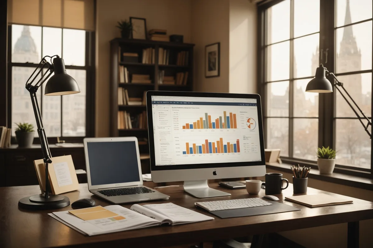 A financial advisory office desk with portfolio documents and a monitor showing performance charts